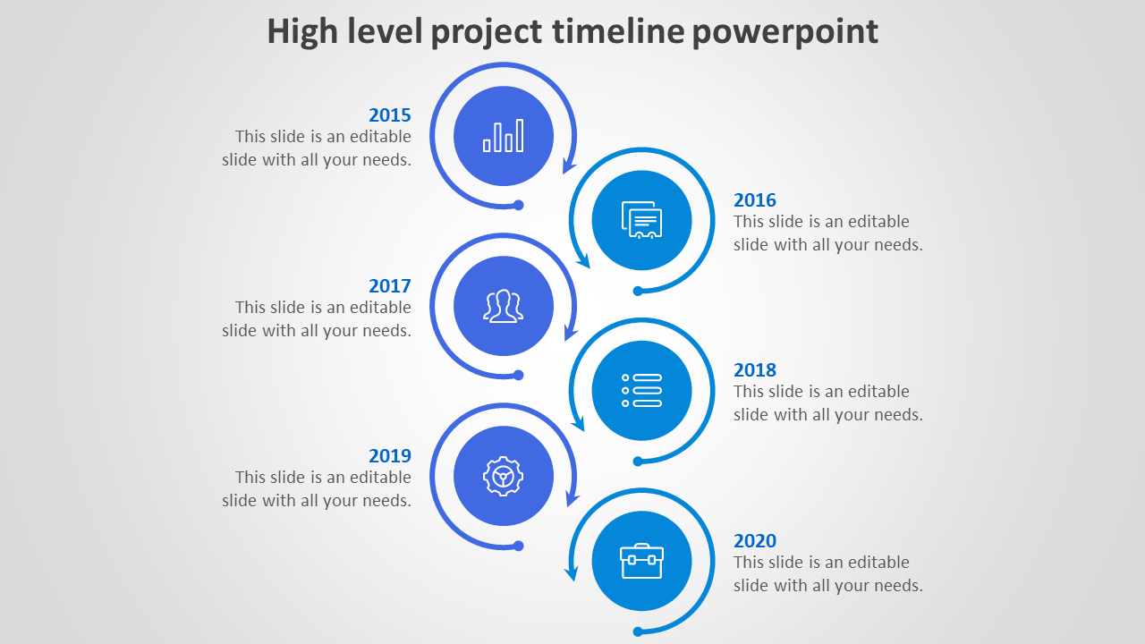 Timeline with six blue circular icons connected by arrows in a vertical format, representing different project phases.