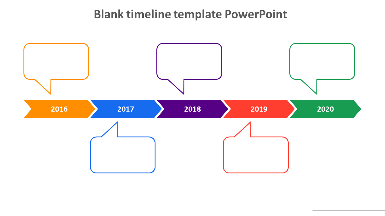 Colorful blank timeline slide featuring years from 2016 to 2020 with speech bubbles for annotations.