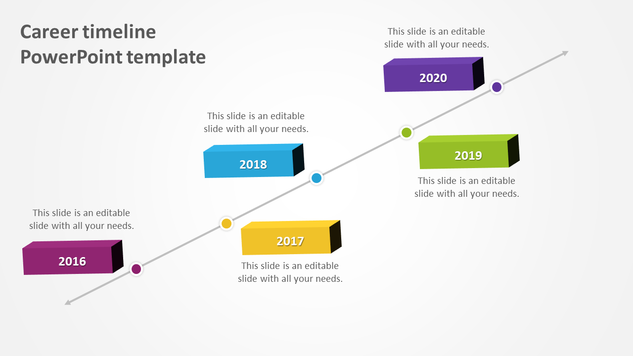 Timeline template for career progression, displaying years 2016 to 2020 in 3D blocks along an upward sloping line.