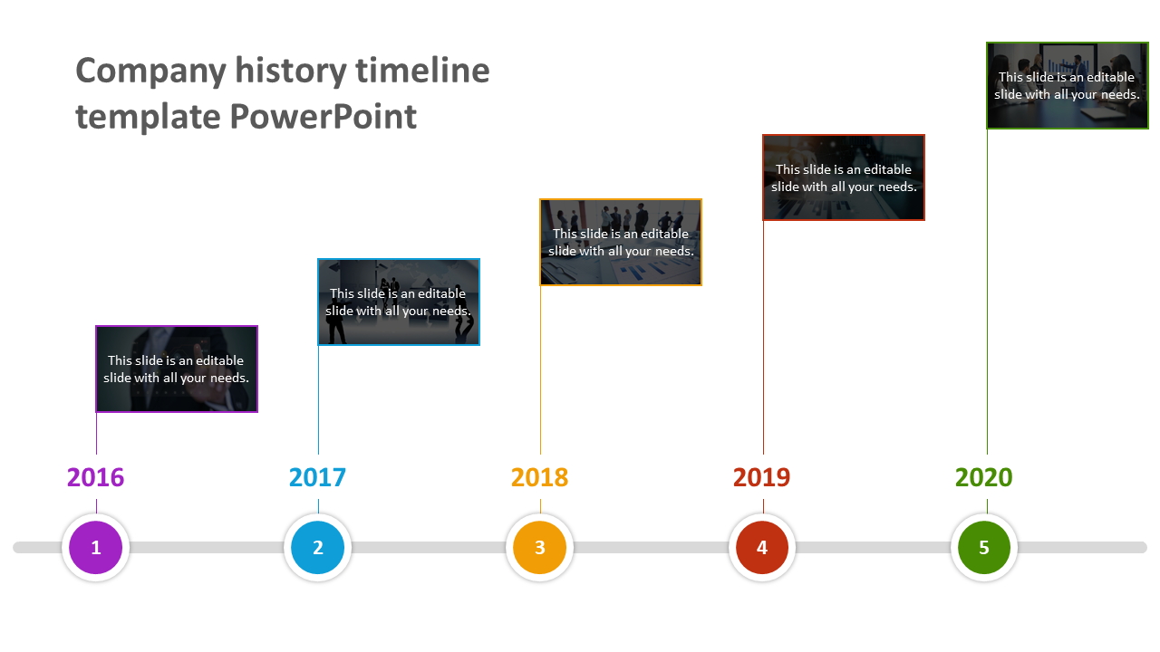 Company history timeline slide showing key milestones from 2016 to 2020 with colorful markers and text area.