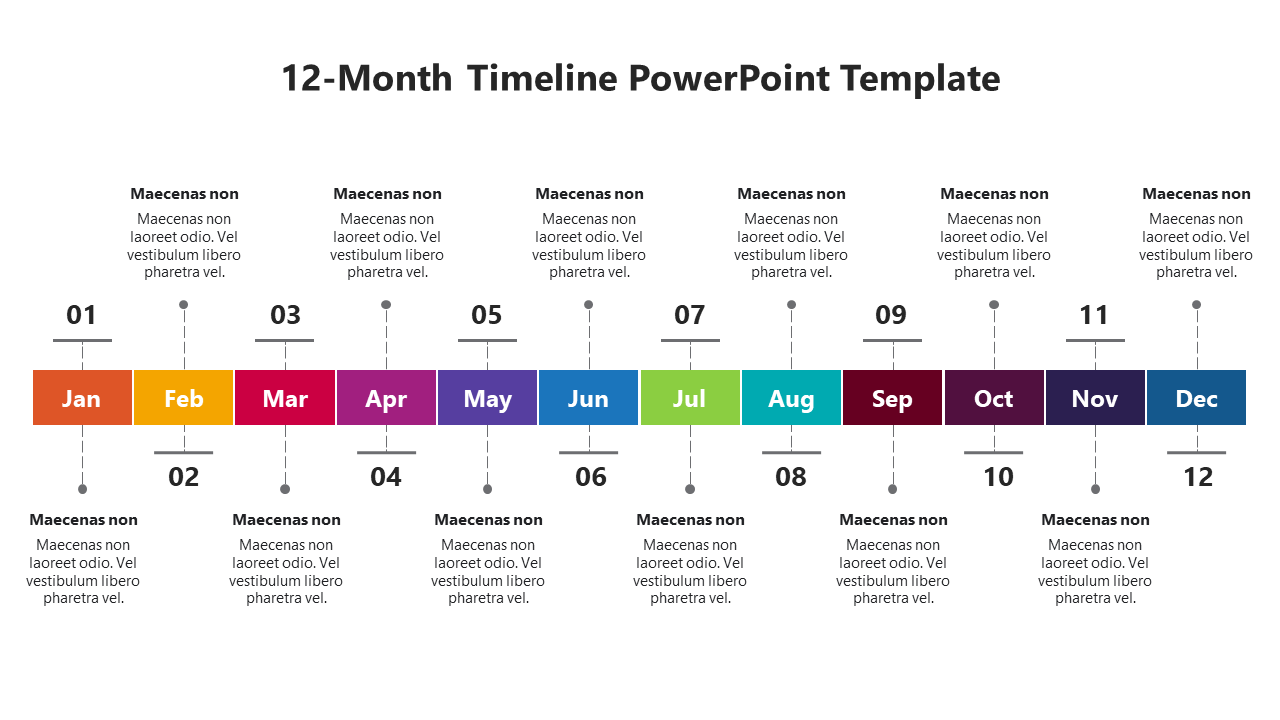 Timeline with months from January to December in colorful blocks, each paired with numbered steps and text details.