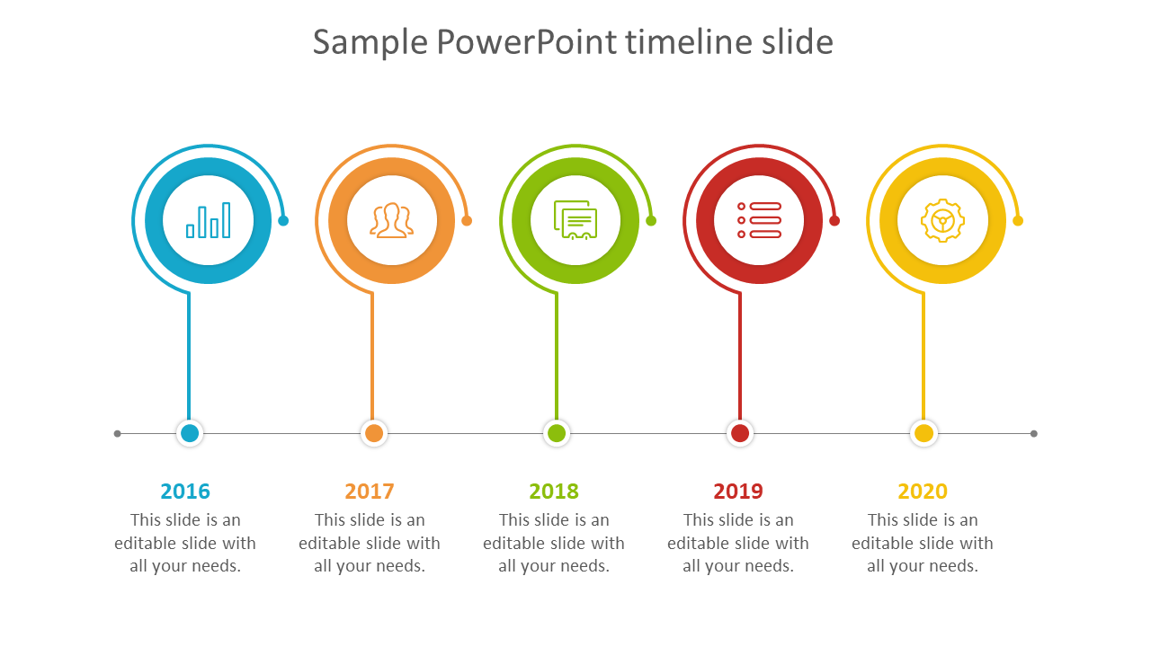 Sample timeline PowerPoint slide featuring milestones with color coded icons for each year from 2016 to 2020.