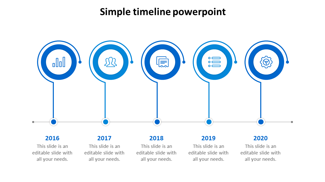 Blue-themed timeline with circular icons for the years 2016 to 2020, connected by lines, with placeholder text.