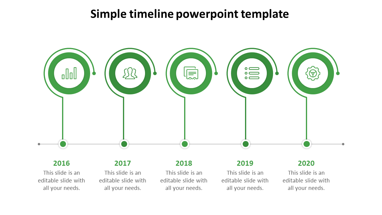 Green themed simple timeline PowerPoint template with circular milestone markers with placeholder text.