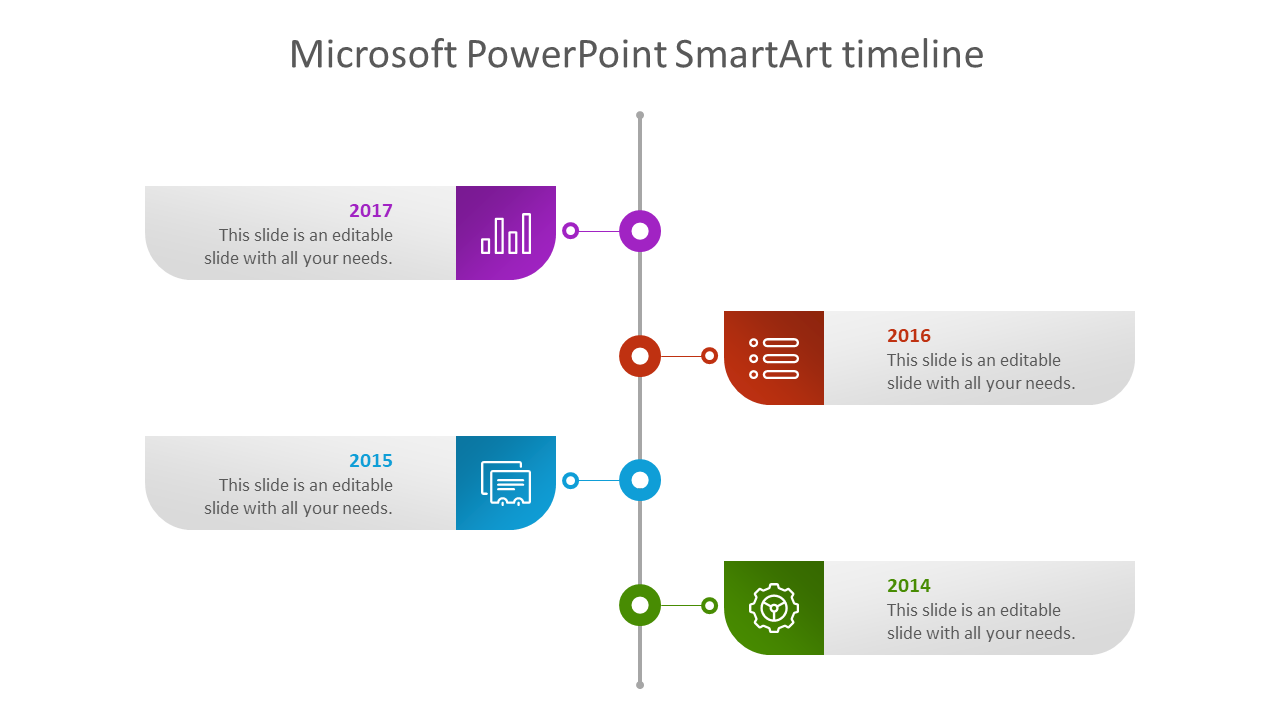 Vertical timeline with icons and place holder text for years 2014 to 2017, connected by a central line, to show progress.