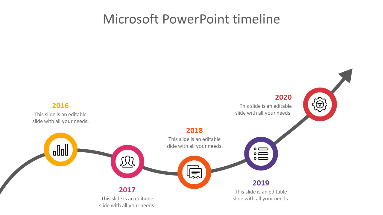 Colorful Microsoft PowerPoint timeline slide with years 2016 to 2020, marked with icons and text for each milestone.