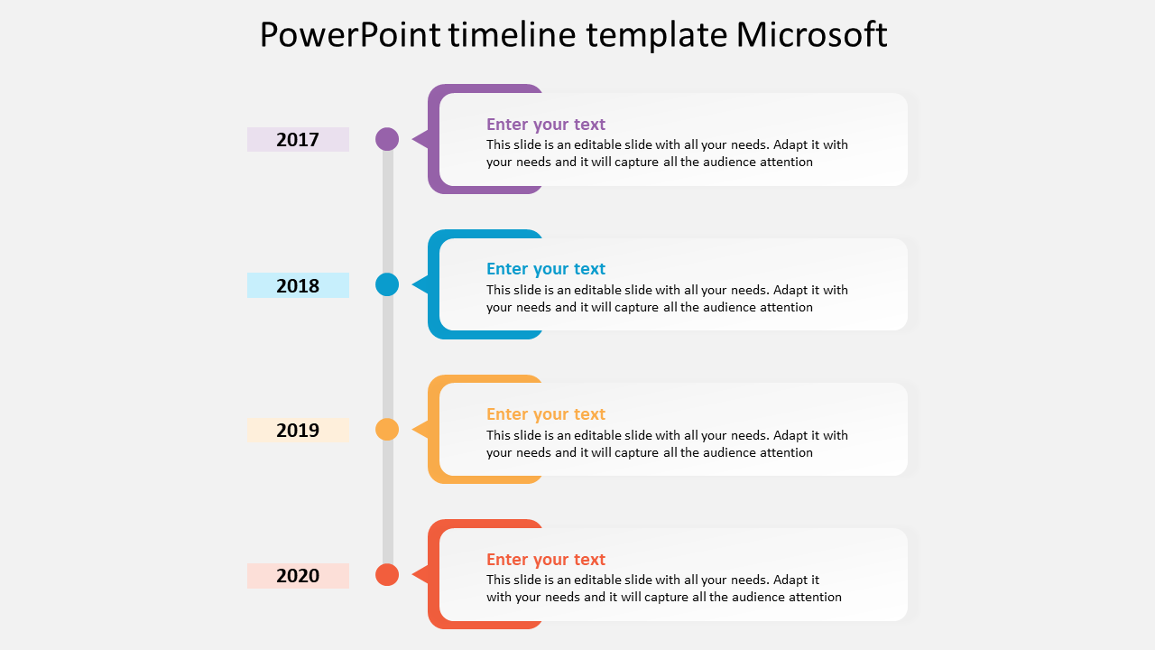 Vertical timeline template with milestones for the years, connected by a central line with curved sections and caption areas.