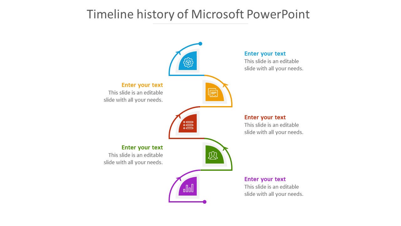 Vertical timeline slide with five curved segments in blue, yellow, red, green, and purple, each with icons and text areas.