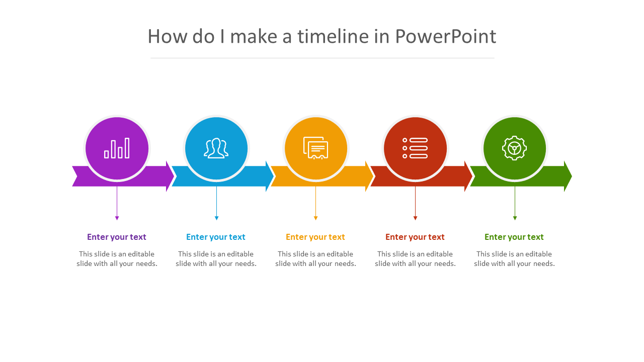 PowerPoint slide showing a colorful timeline with icons representing different stages of a process and placeholder text.