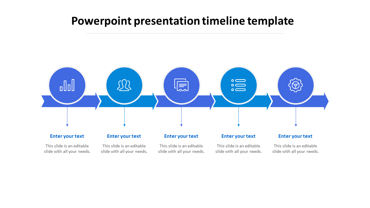 A sleek PowerPoint timeline slide showcasing a linear progression of milestones with text sections and icons.