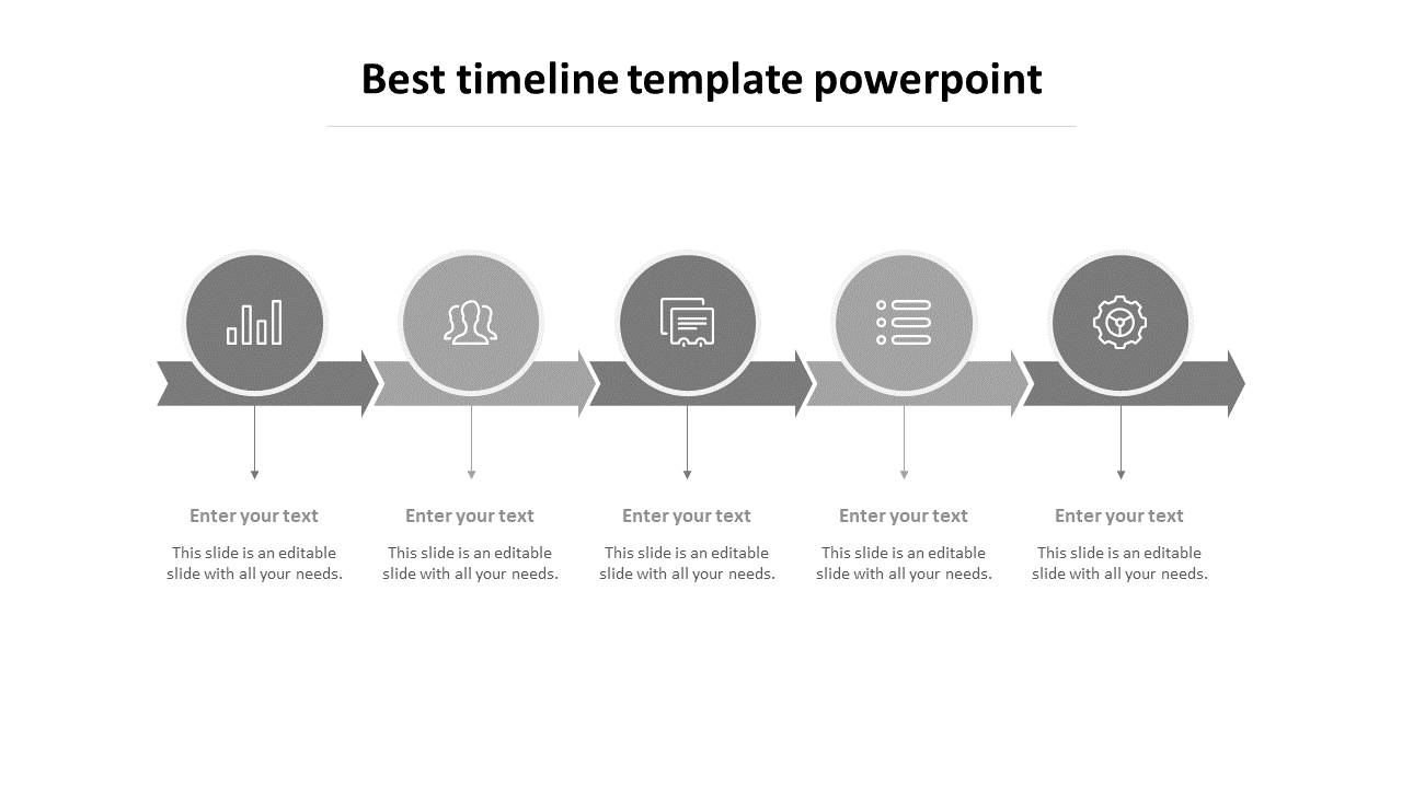 Gray timeline with five circular icons for each step, connected by arrows, and text placeholders below.