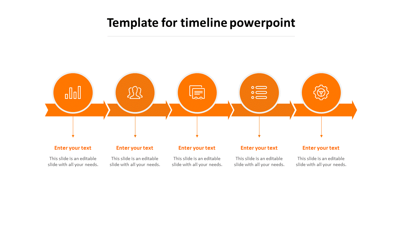 Orange themed timeline PowerPoint template with five circular icons with connected arrows and placeholder text.