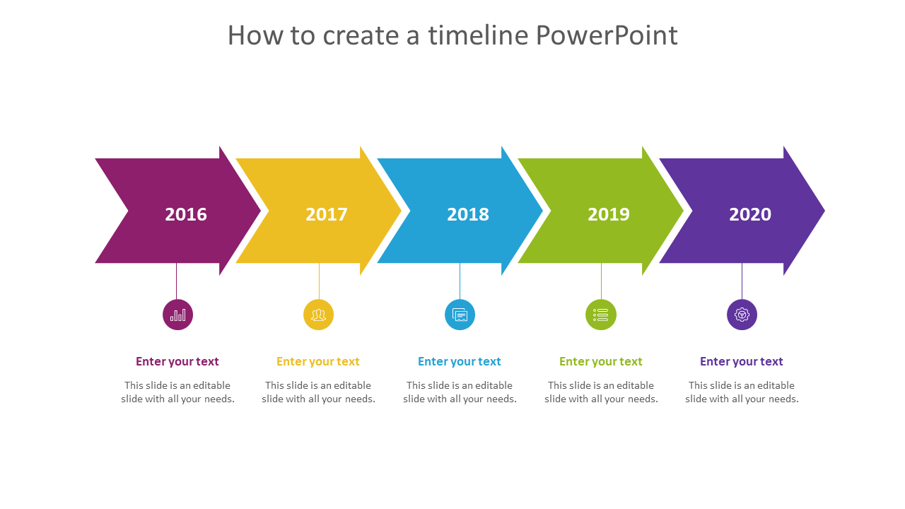 Colorful timeline arrows PowerPoint slide showcasing years 2016 to 2020 with space for text below each year and icons.