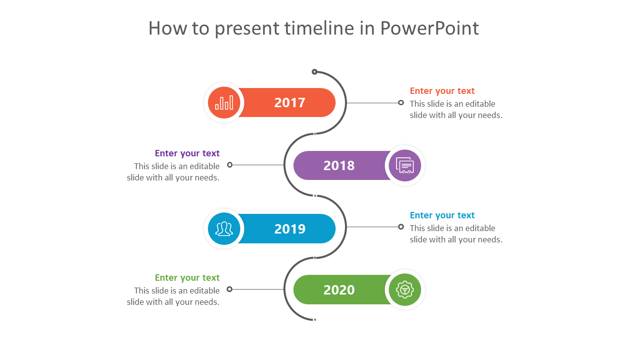 Vertical timeline with four colorful sections for 2017 to 2020, each with icons and placeholders text on a white background.