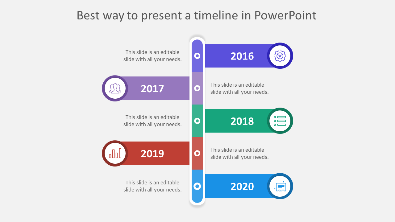 Vertical timeline with colored sections from 2016 to 2020, alternating between the left and right sides with icons.