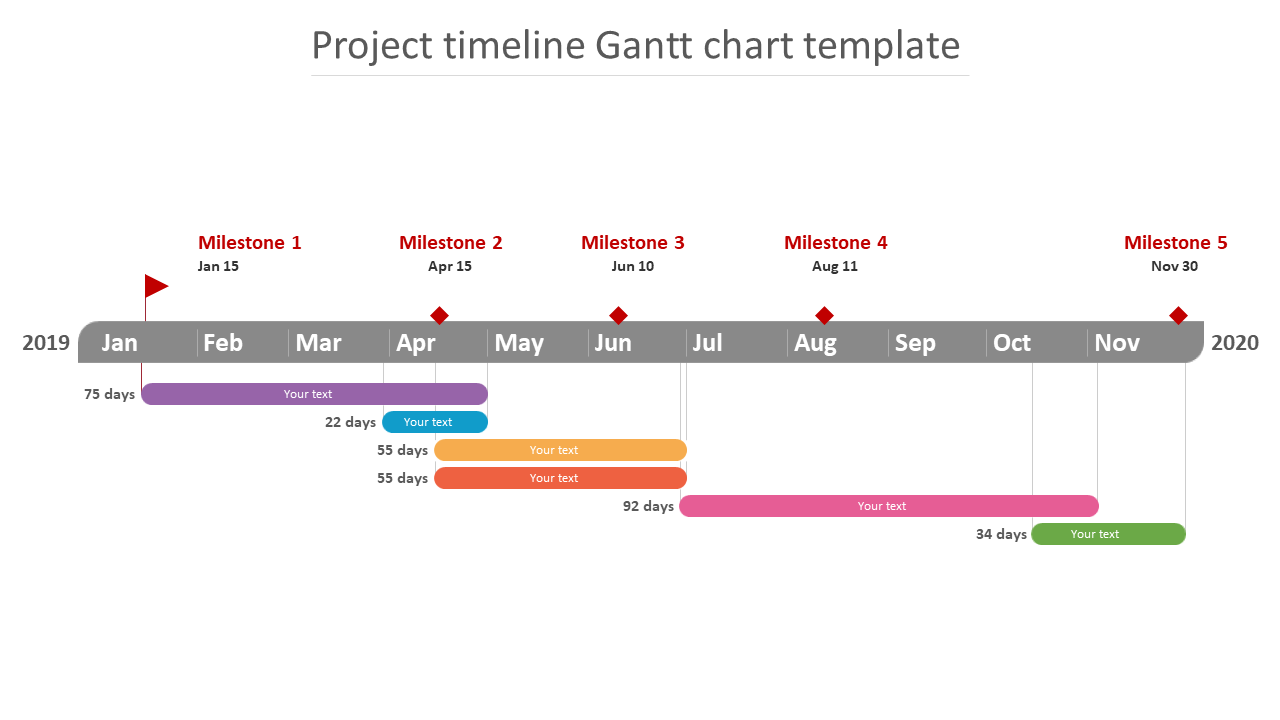 Project timeline Gantt chart slide showing milestones and task durations for the year 2019, with color-coded bars.