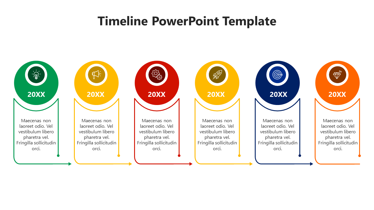 Infographic timeline with six milestones, represented by colored circles with icons and curved arrows connecting text.