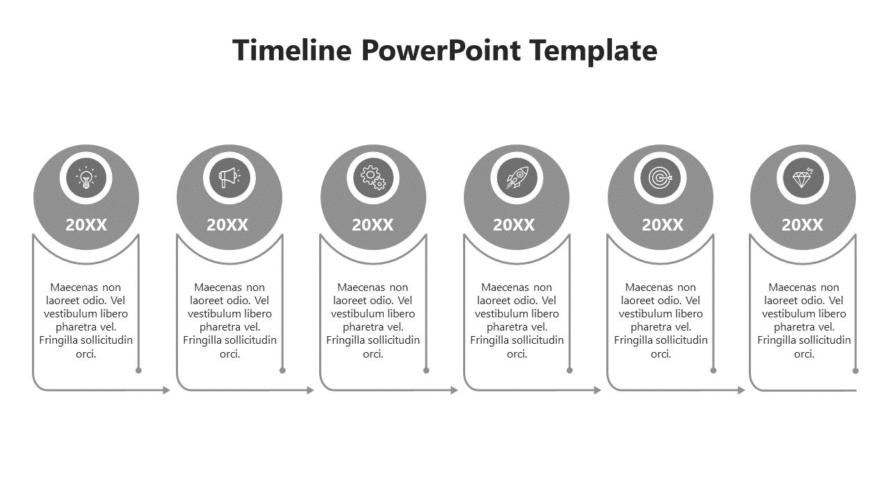 Linear timeline PowerPoint template with six labeled milestones, each with icons and descriptive text boxes.