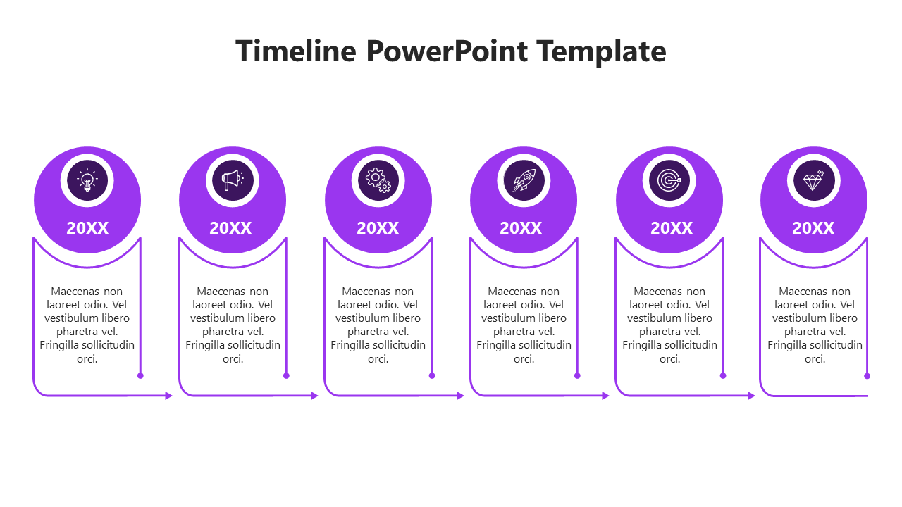 Modern timeline PowerPoint template with six purple circular icons, and text placeholders on a white backdrop.