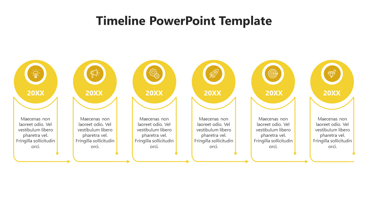 Horizontal timeline with six yellow circle markers, each representing a year and an icon, with arrow framed text box below.