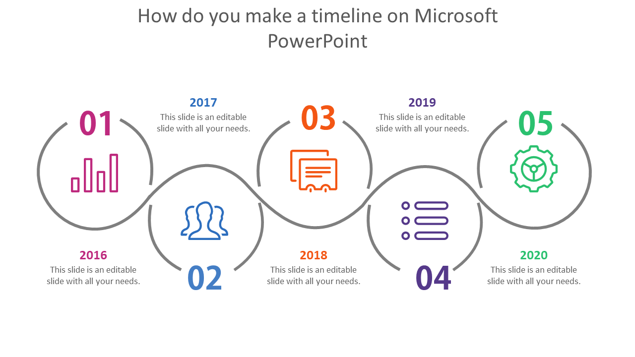 Timeline diagram for Microsoft PowerPoint slide showing five years with numbered circles and color coded icons with text.