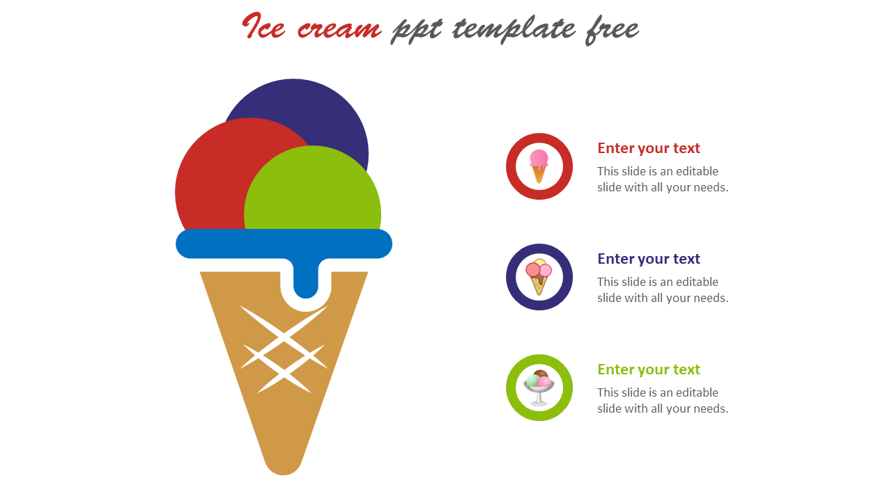 A slide featuring a colorful ice cream cone illustration with sections for placeholder text and icons.