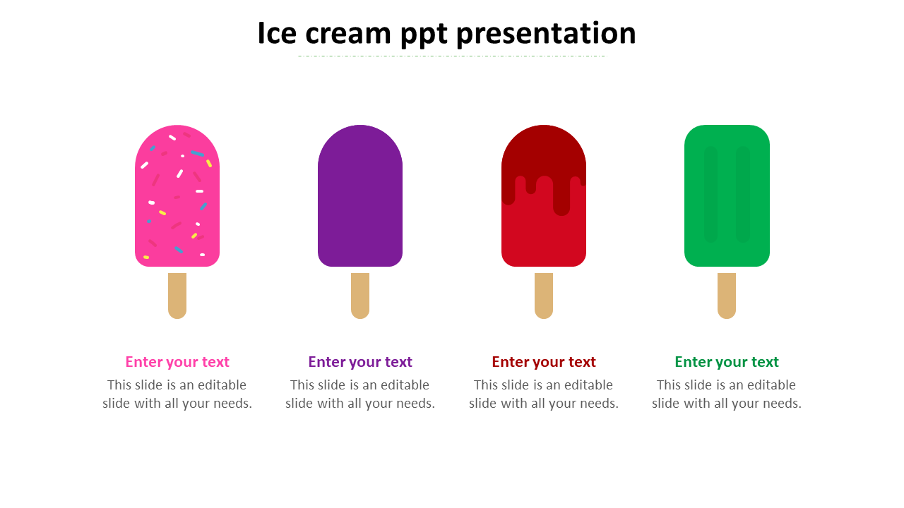 Ice cream PowerPoint slide with colorful popsicle icons and text captions beneath each.