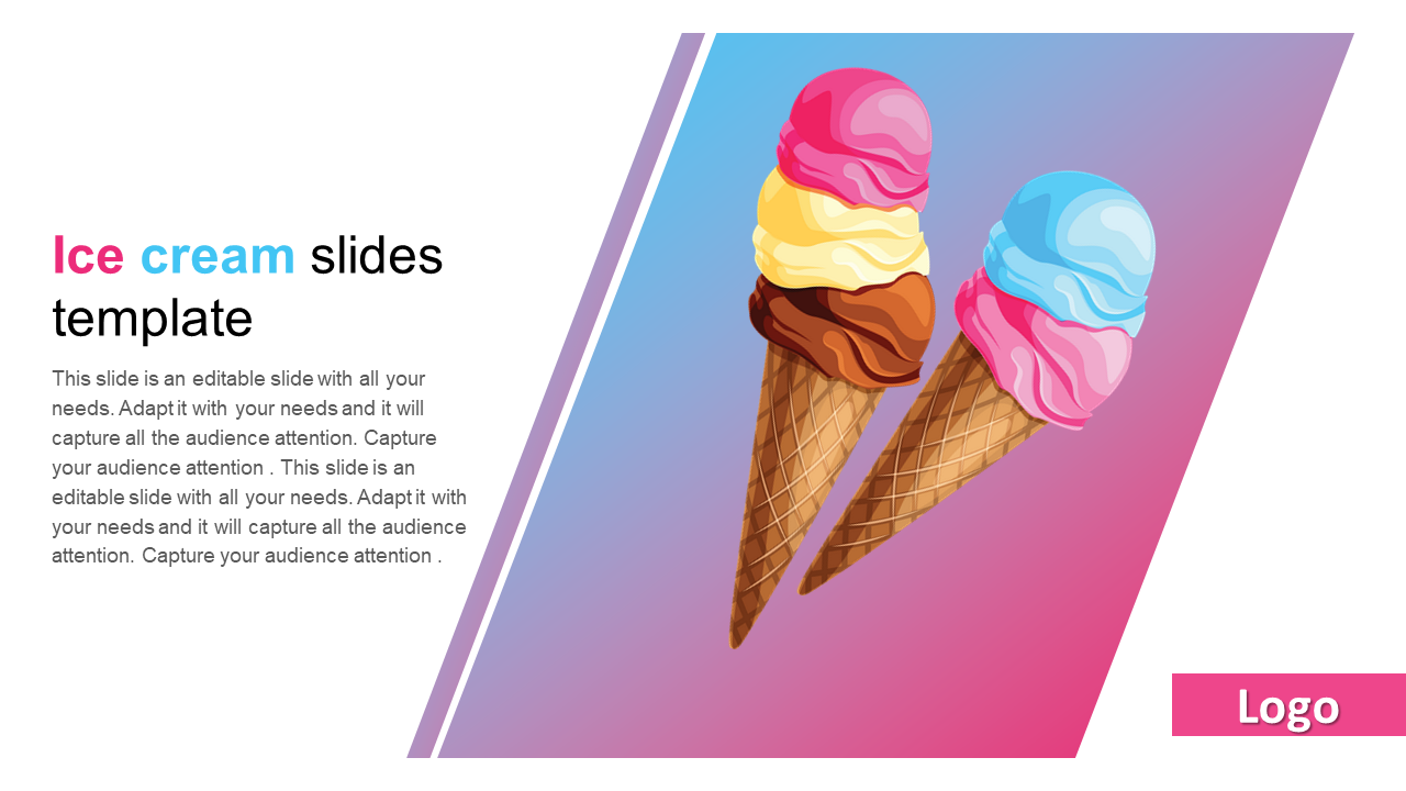 Illustration of two ice cream cones with colorful scoops, gradient background, and  a caption area on the left.