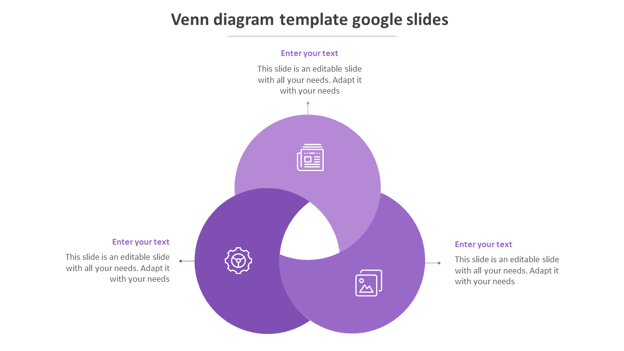 Venn diagram slide with three violet overlapping circles with icons and placeholder text.