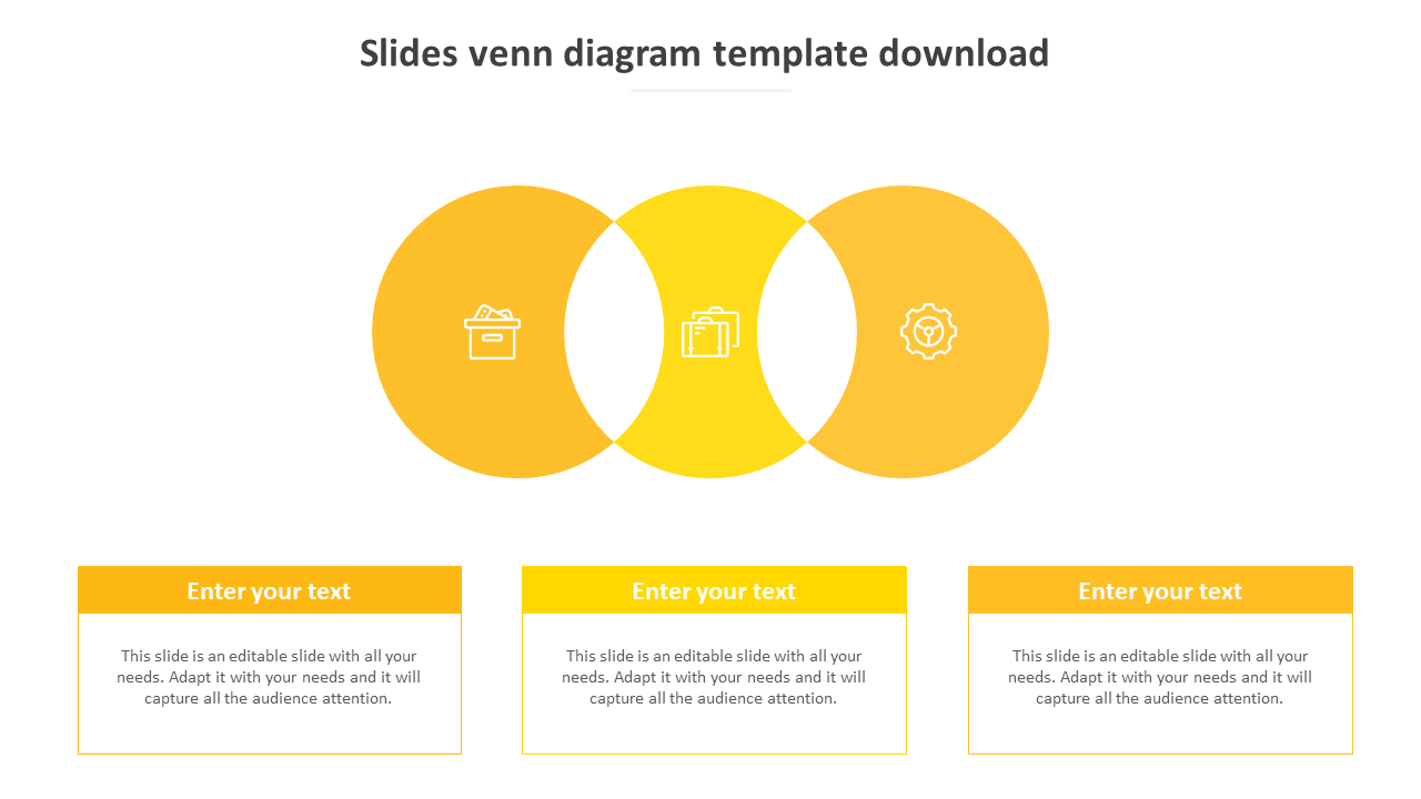 Venn diagram PowerPoint slide featuring overlapping yellow circles with business related icons and text boxes.