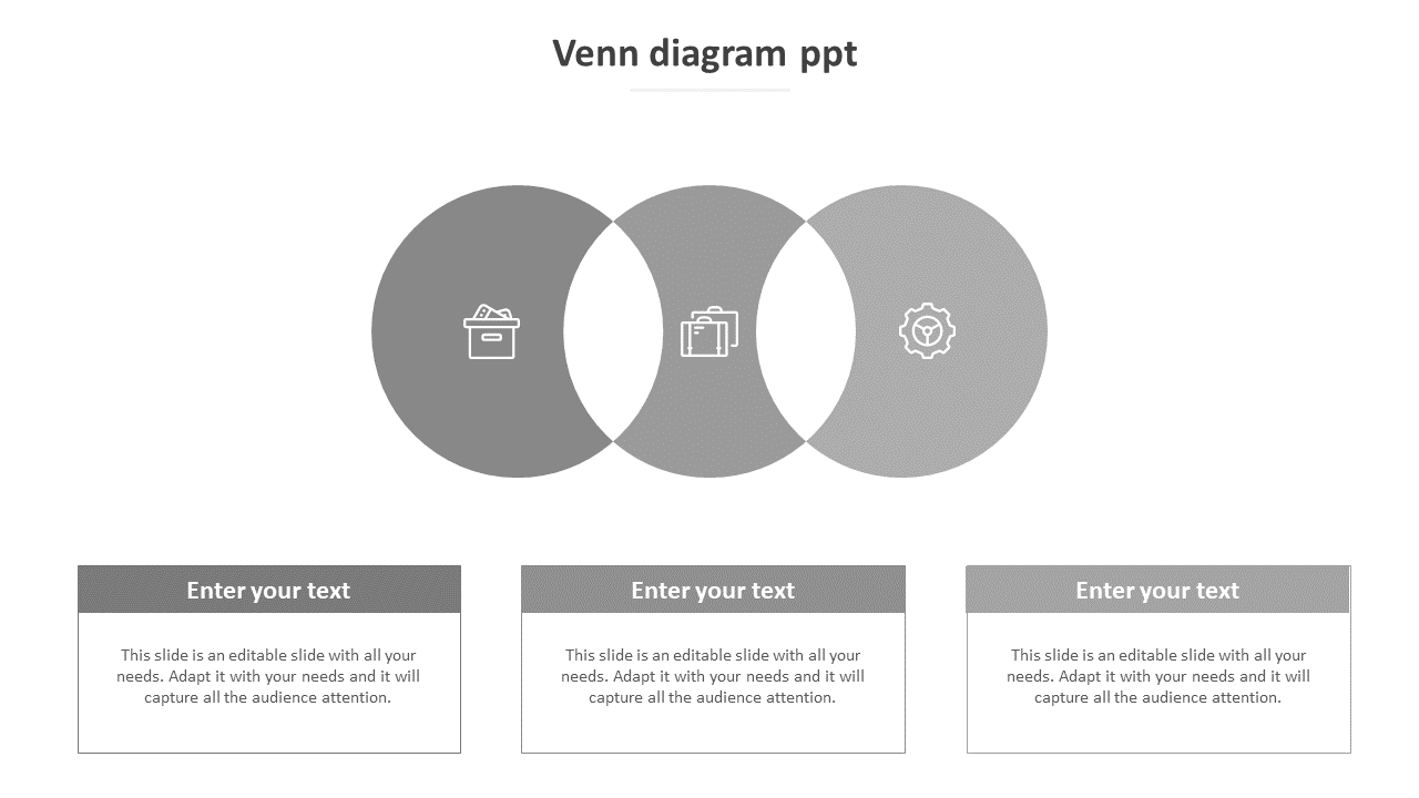 Gray-toned Venn diagram slide showing three icons in overlapping circles with space for text below each.