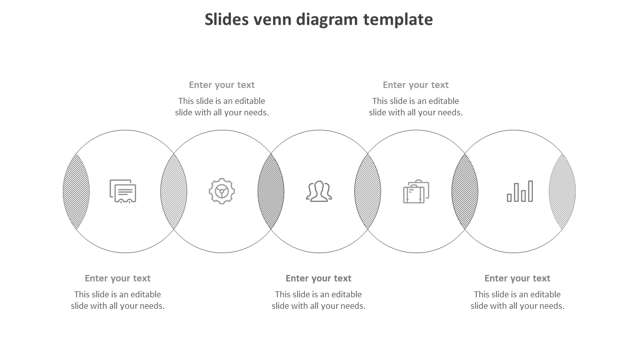 Venn diagram template with five overlapping circles featuring icons and text areas in a grayscale theme.