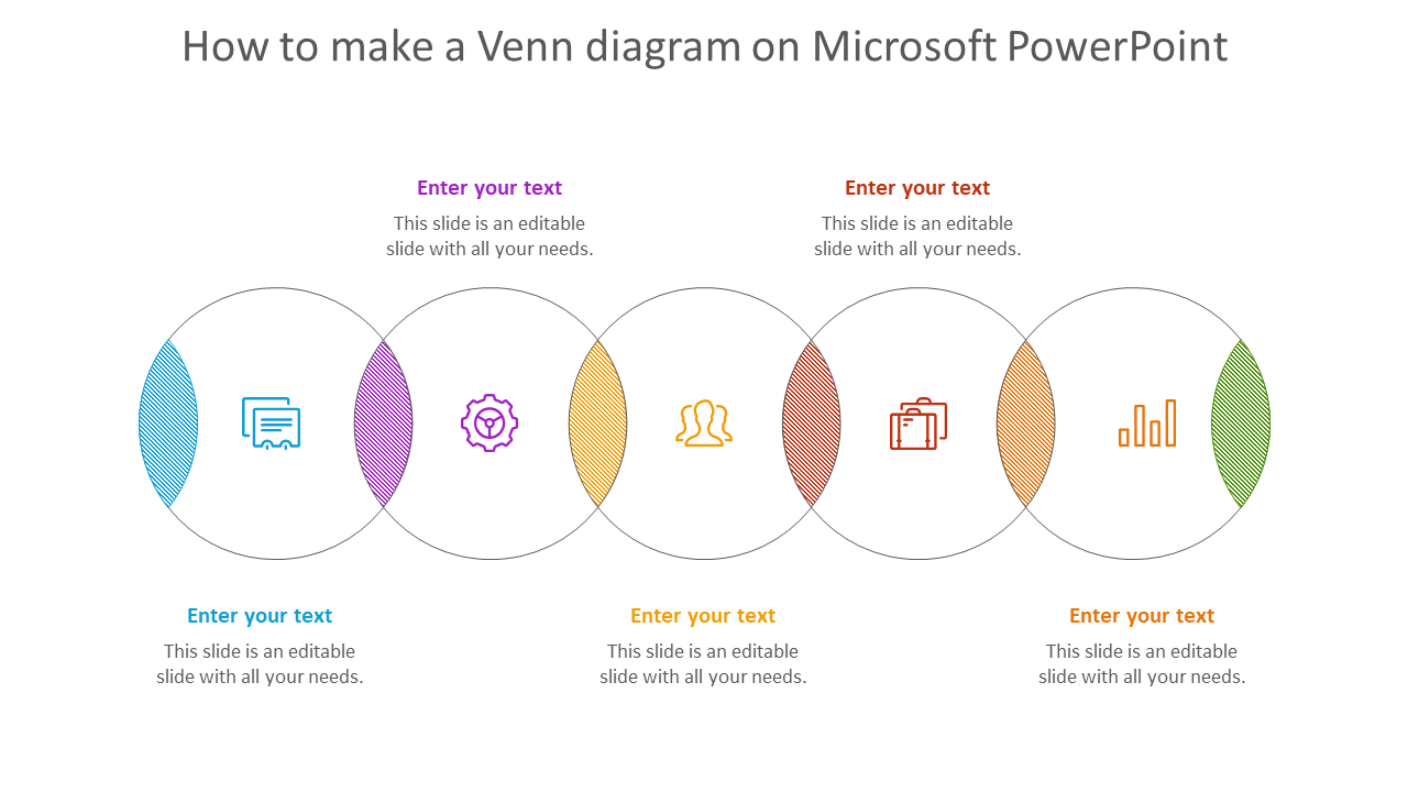 Tutorial for creating a Venn diagram in PowerPoint, featuring five overlapping circles with icons and text.