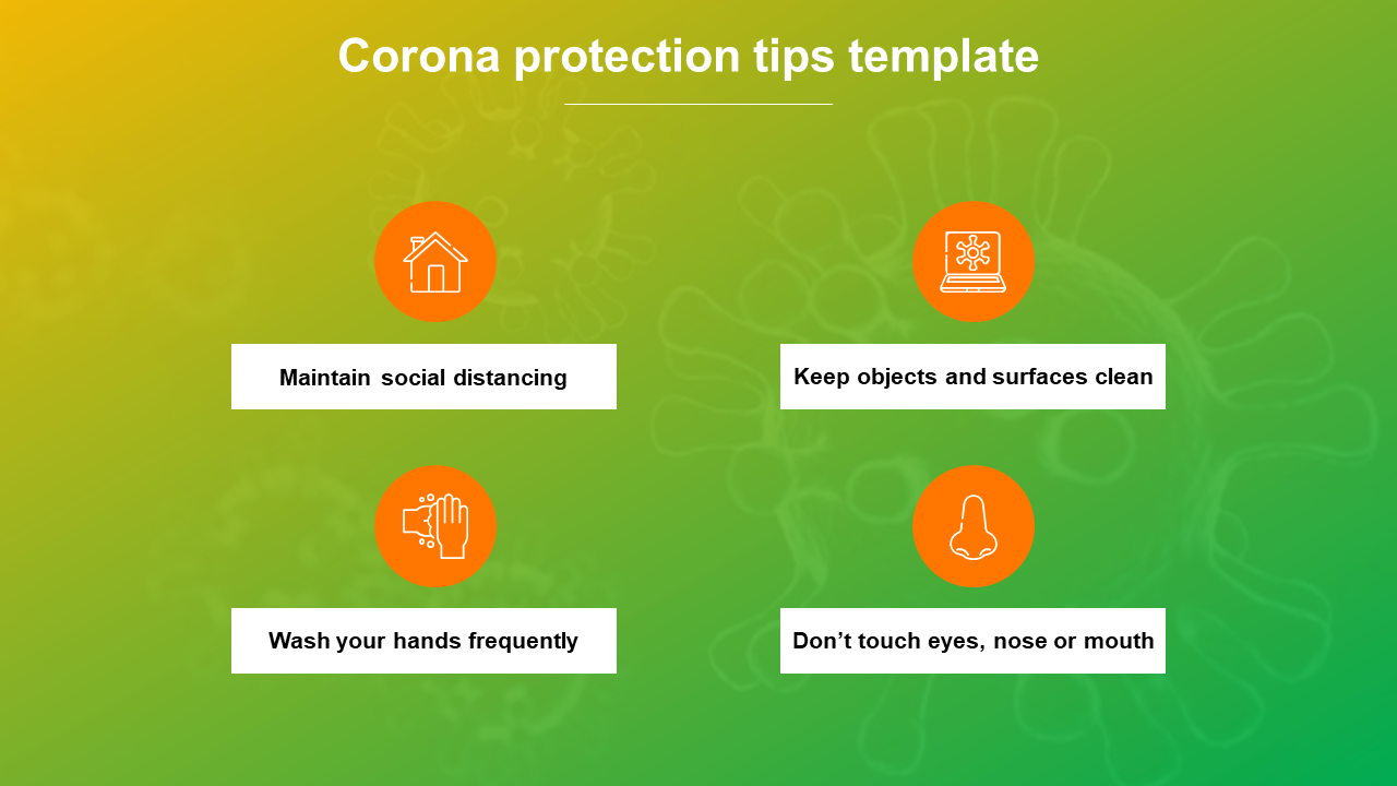 Corona protection tips slide featuring green gradient background with virus pattern, and four safety icons in orange.