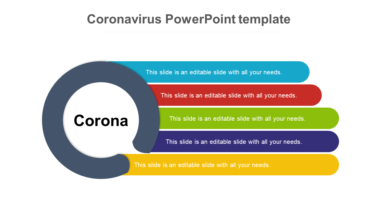 Circular infographic with a dark ring, paired with five colorful horizontal bars in blue, red, green, purple, and yellow.