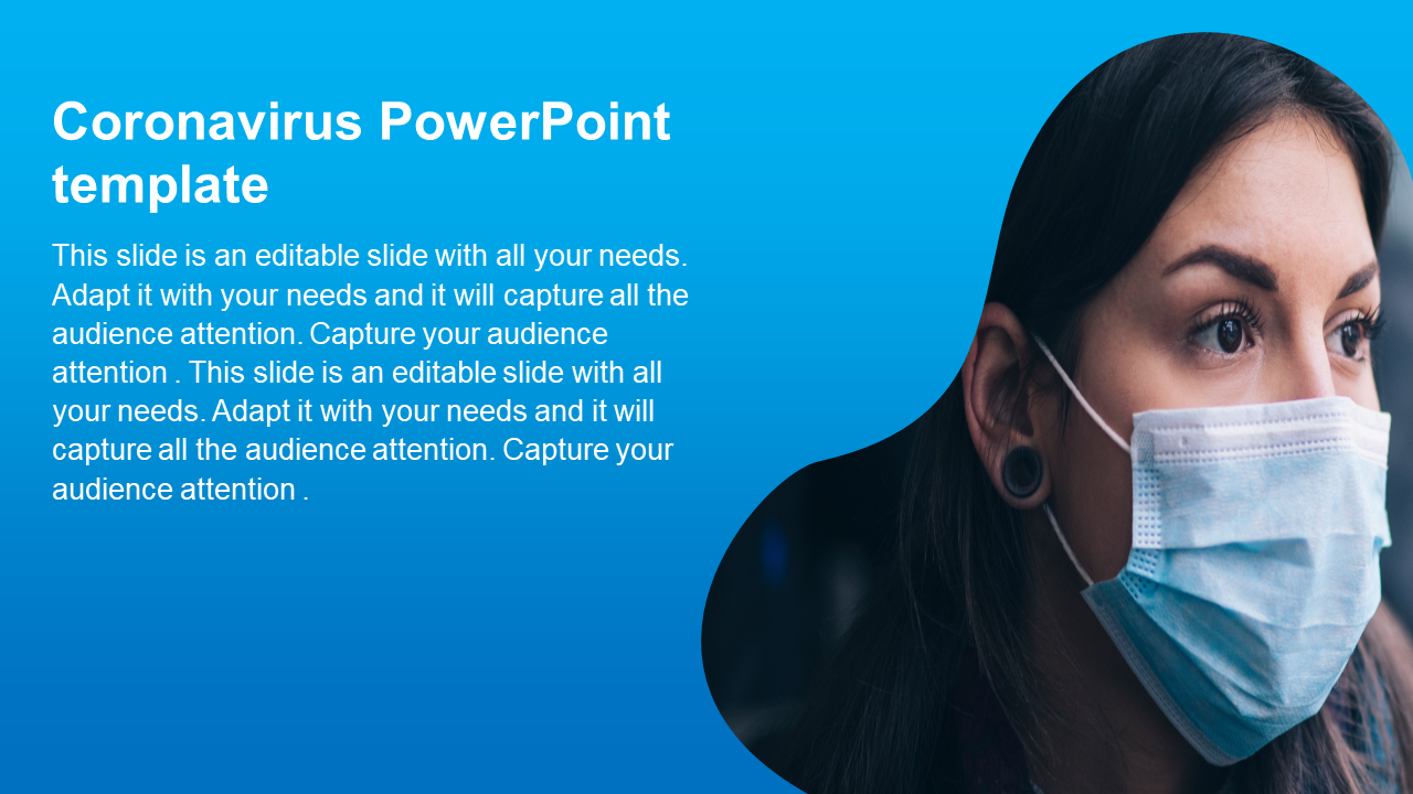 Coronavirus PowerPoint template with a woman wearing a face mask against a blue background with text sections.