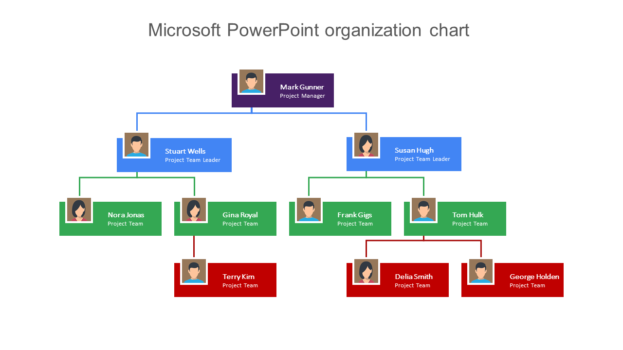 Organization chart showing a project team structure with leaders at the top and project team members in color-coded boxes.