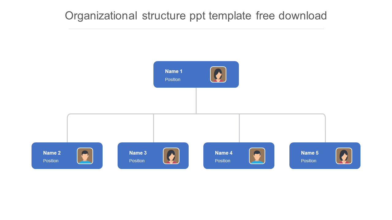 Simple organizational chart with one top-level person connected to four subordinates, each in blue rectangles with icons.