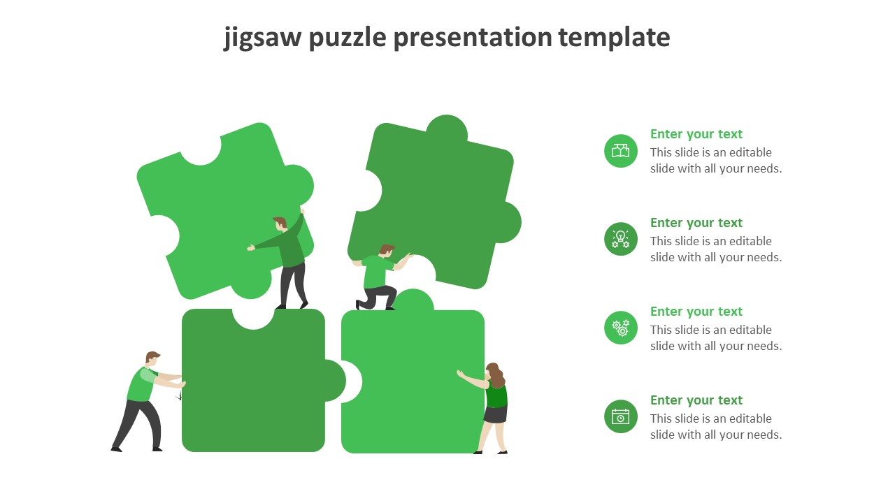 Jigsaw puzzle PowerPoint template with four green puzzle pieces and people assembling them with placeholder text.