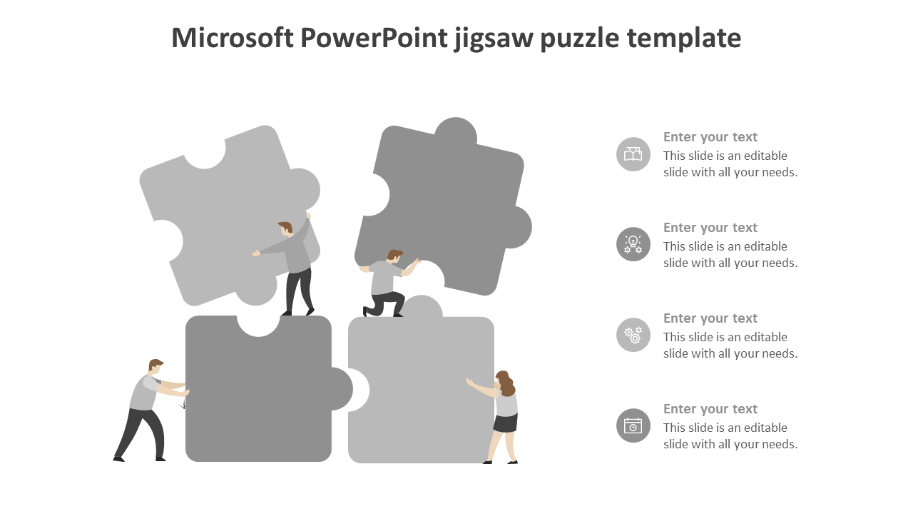 Four large grey puzzle pieces with figures working together to assemble them, along with text placeholders.