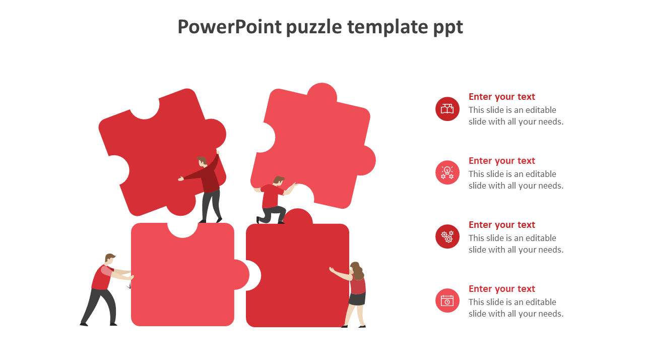 Jigsaw puzzle PowerPoint template with four red puzzle pieces and people assembling them with placeholder text.