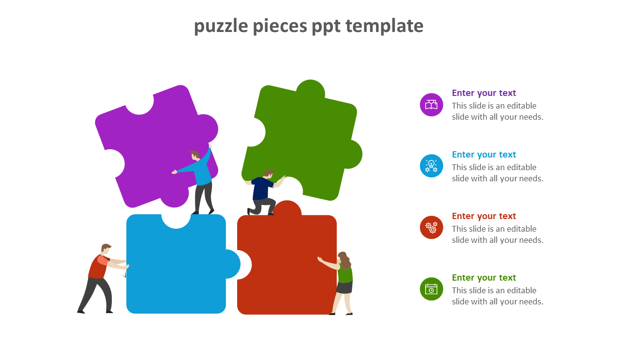 Puzzle pieces PowerPoint template with sections and illustrations of people assembling pieces with placeholder text.