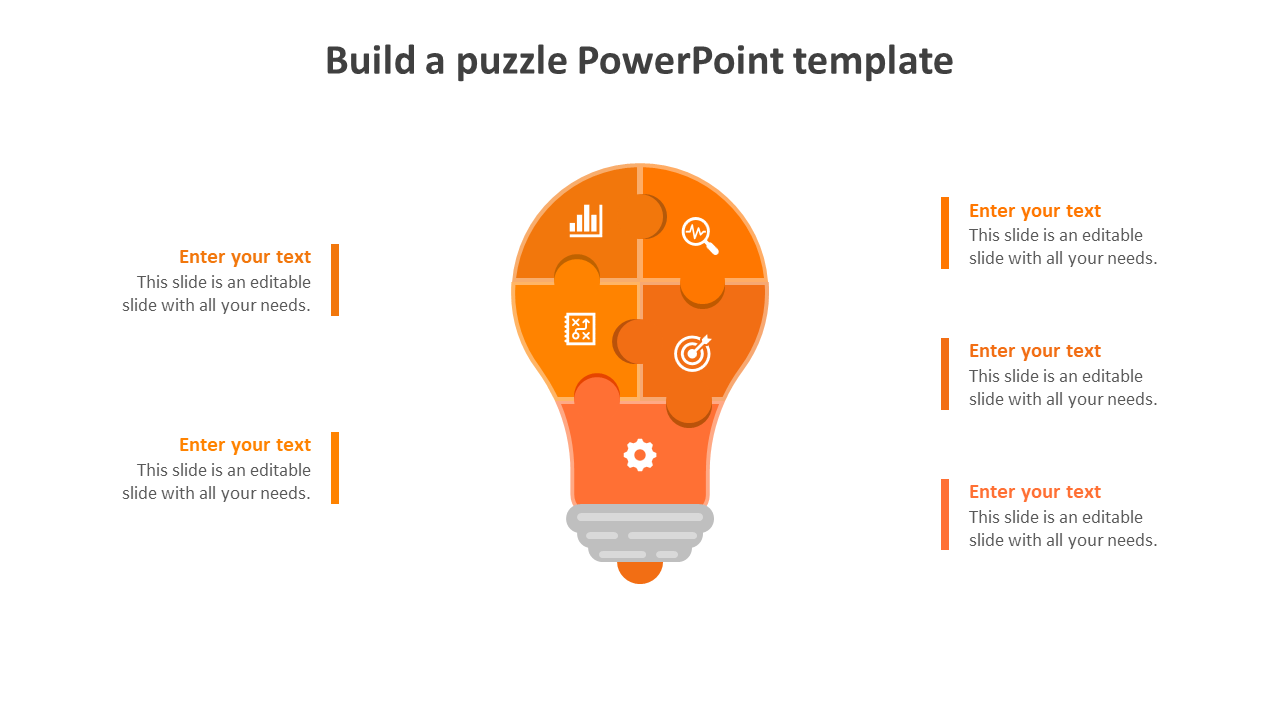 Creative PowerPoint slide featuring an orange lightbulb shaped puzzle diagram with icons and placeholder text.