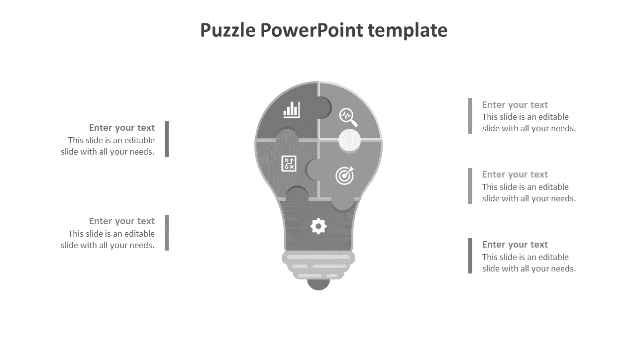 Puzzle pieces in grey colors fit into a light bulb shape, each section labeled with icons and text placeholders.