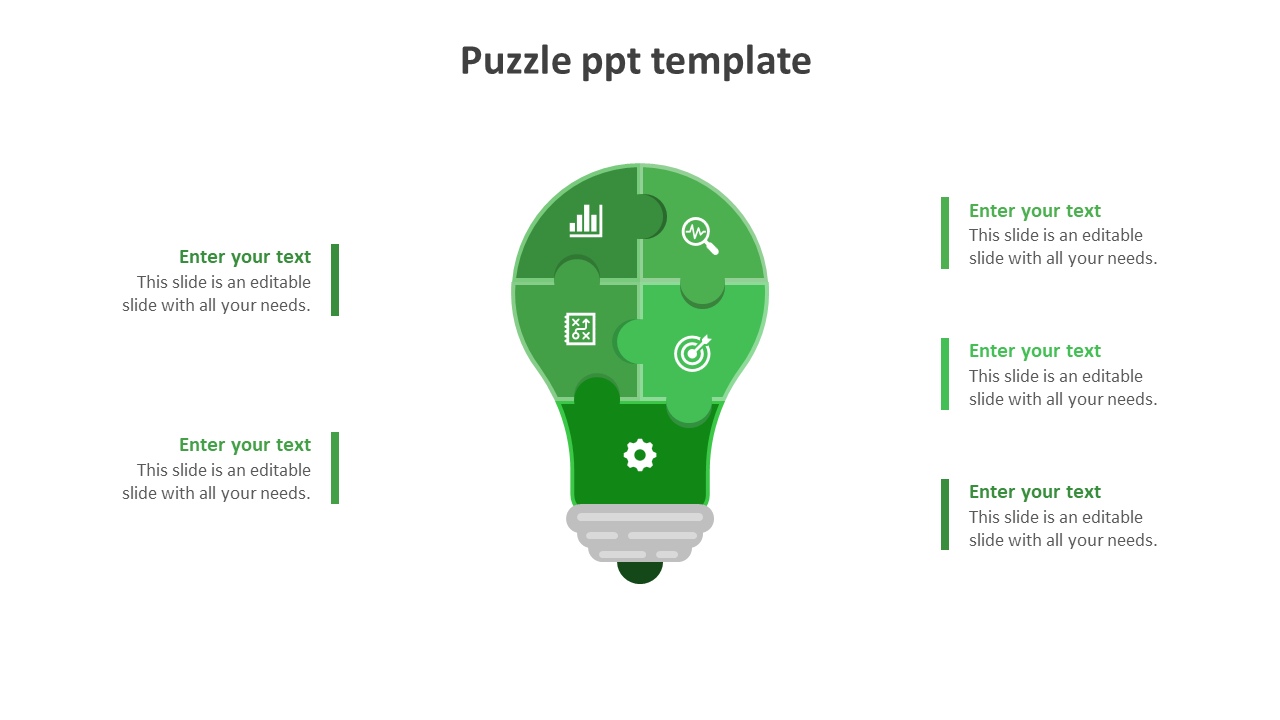 A slide with a green lightbulb puzzle graphic, featuring five segments with icons and placeholder text.