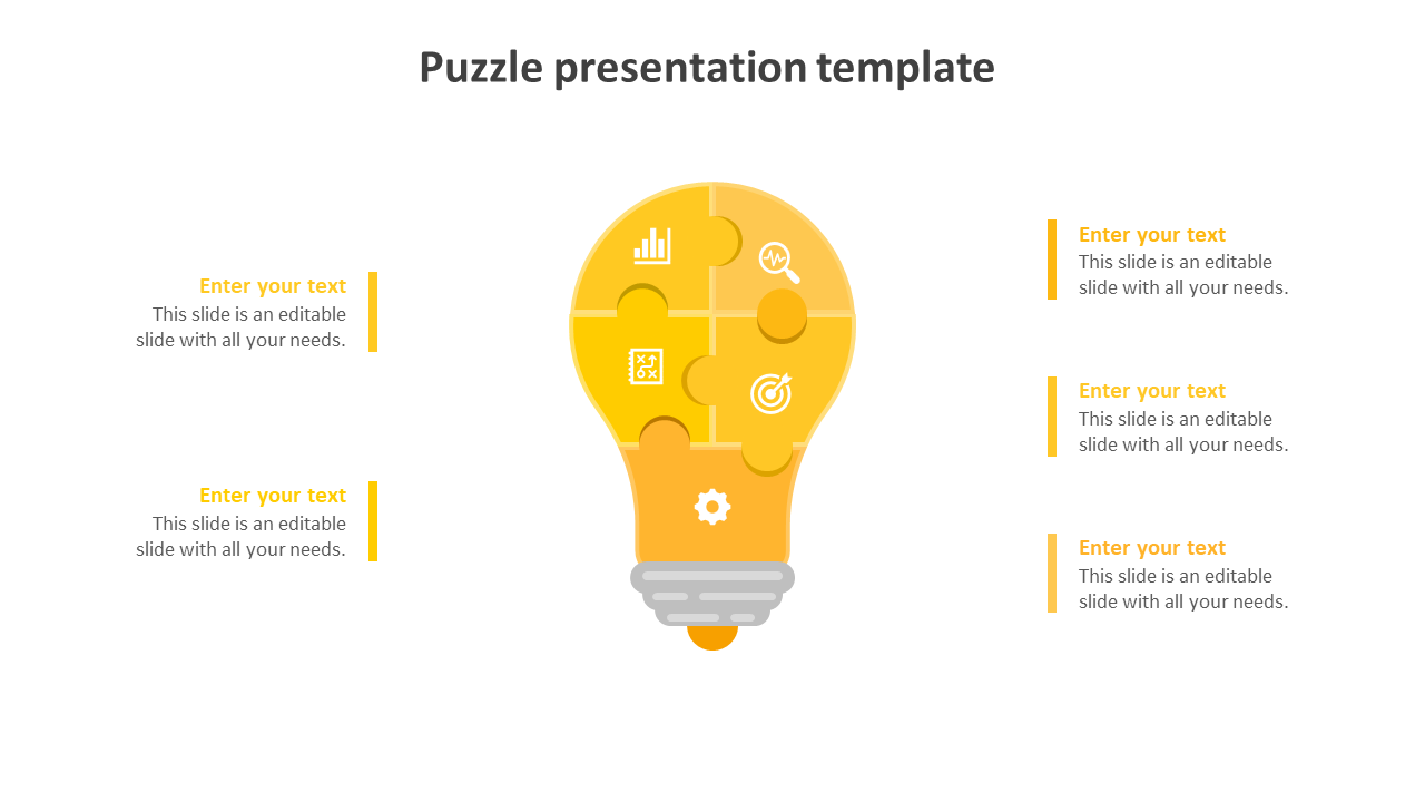 Yellow lightbulb infographic made of five puzzle pieces with business icons, surrounded by text fields.