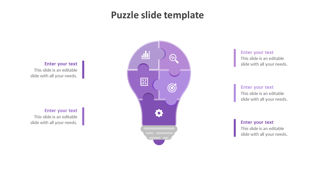 Creative PowerPoint slide featuring a purple lightbulb shaped puzzle diagram with icons and placeholder text.