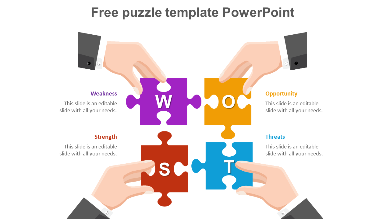 Illustration of SWOT analysis puzzle pieces connected in a square, each piece marked with a letter and held by hands.