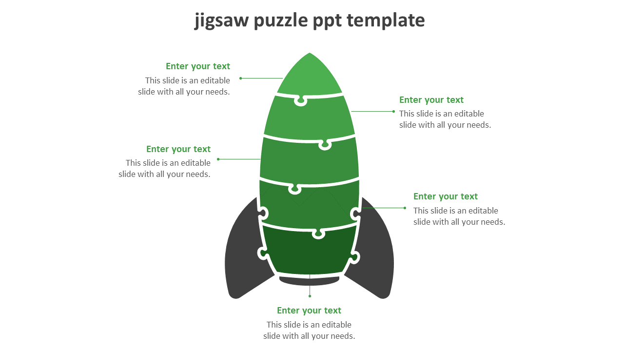 A jigsaw puzzle template shaped like a rocket, composed of several green segments, with placeholder text.