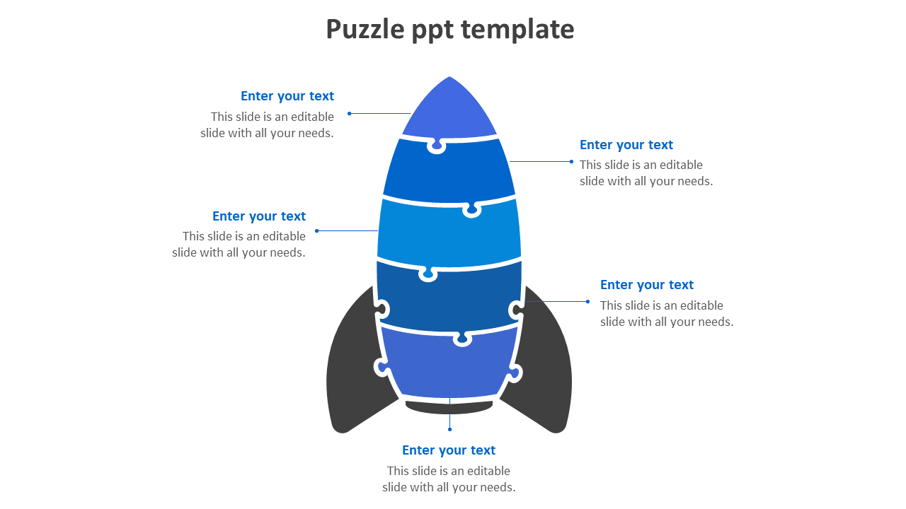 Jigsaw puzzle PPT template featuring a blue rocket shaped diagram with five puzzle pieces and text sections.